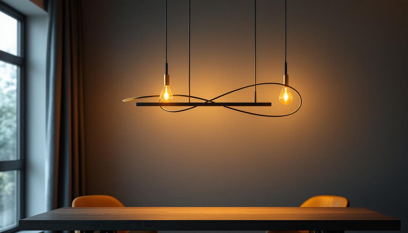 A photograph of a stylish black and brass linear chandelier elegantly illuminated in a modern interior setting