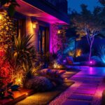 A photograph of a beautifully illuminated outdoor space featuring vibrant color landscape lighting