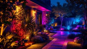 A photograph of a beautifully illuminated outdoor space featuring vibrant color landscape lighting