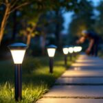 A photograph of a well-lit outdoor pathway illuminated by motion-sensing path lights