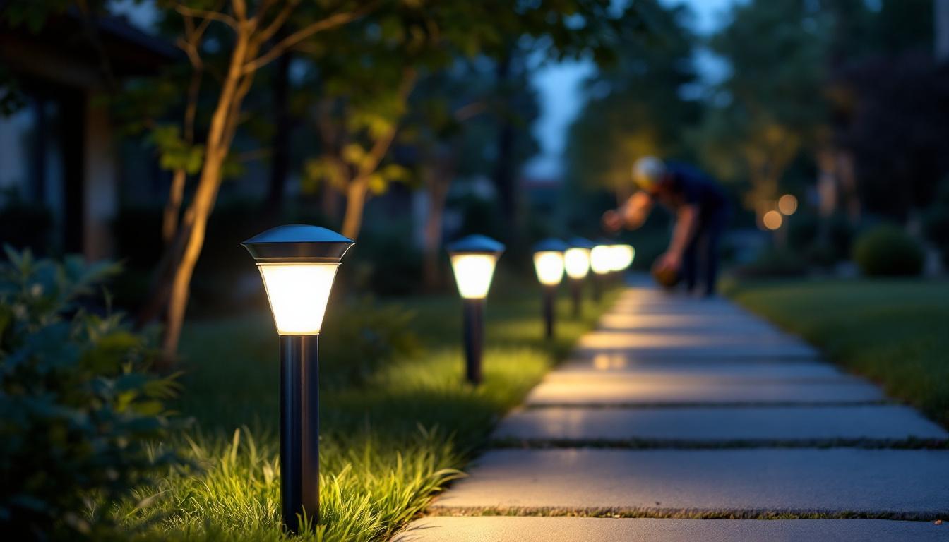 A photograph of a well-lit outdoor pathway illuminated by motion-sensing path lights