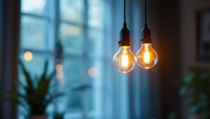 A photograph of a beautifully designed pendant light fixture illuminated by warm led bulbs
