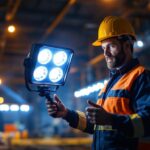 A photograph of a lighting contractor showcasing a powerful 10