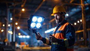 A photograph of a lighting contractor showcasing a powerful 10