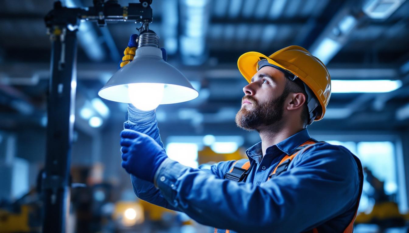 A photograph of a lighting contractor expertly installing an mh lamp in a commercial setting