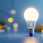 A photograph of a modern led light bulb illuminated in a stylish