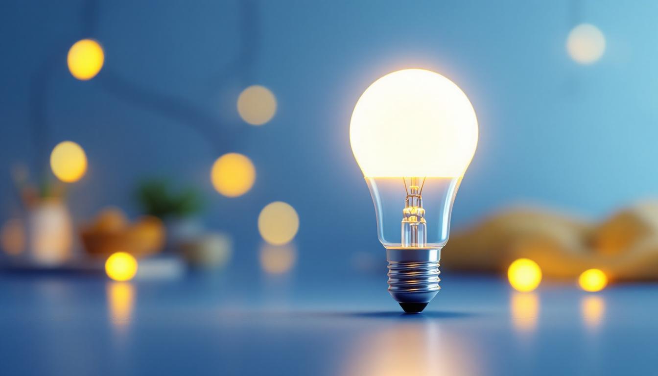A photograph of a modern led light bulb illuminated in a stylish