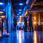 A photograph of a dynamic lighting contractor team at work