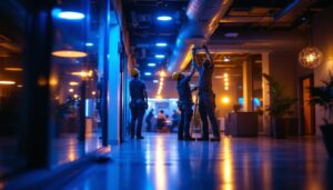 A photograph of a dynamic lighting contractor team at work