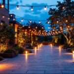 A photograph of a beautifully lit outdoor space at dusk