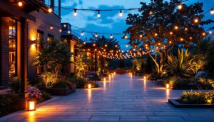 A photograph of a beautifully lit outdoor space at dusk