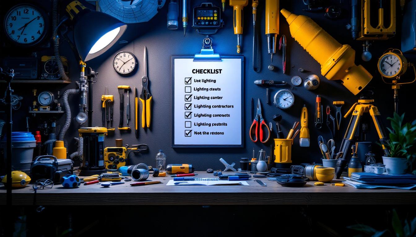 A photograph of a well-organized workspace showcasing various lighting equipment