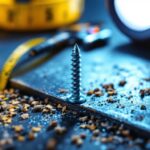 A photograph of a close-up shot of a tek screw being installed into a piece of metal or wood