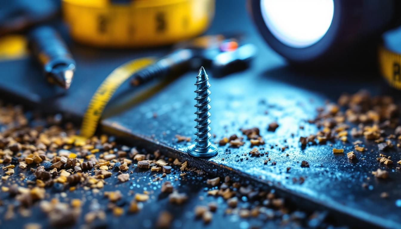 A photograph of a close-up shot of a tek screw being installed into a piece of metal or wood