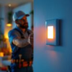 A photograph of a professional lighting contractor installing a motion light switch in a residential setting