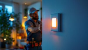 A photograph of a professional lighting contractor installing a motion light switch in a residential setting