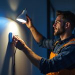 A photograph of a lighting contractor installing an led plug-in wall light in a modern interior setting