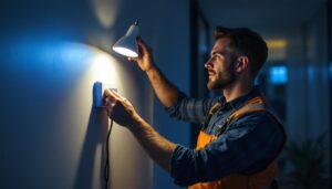 A photograph of a lighting contractor installing an led plug-in wall light in a modern interior setting