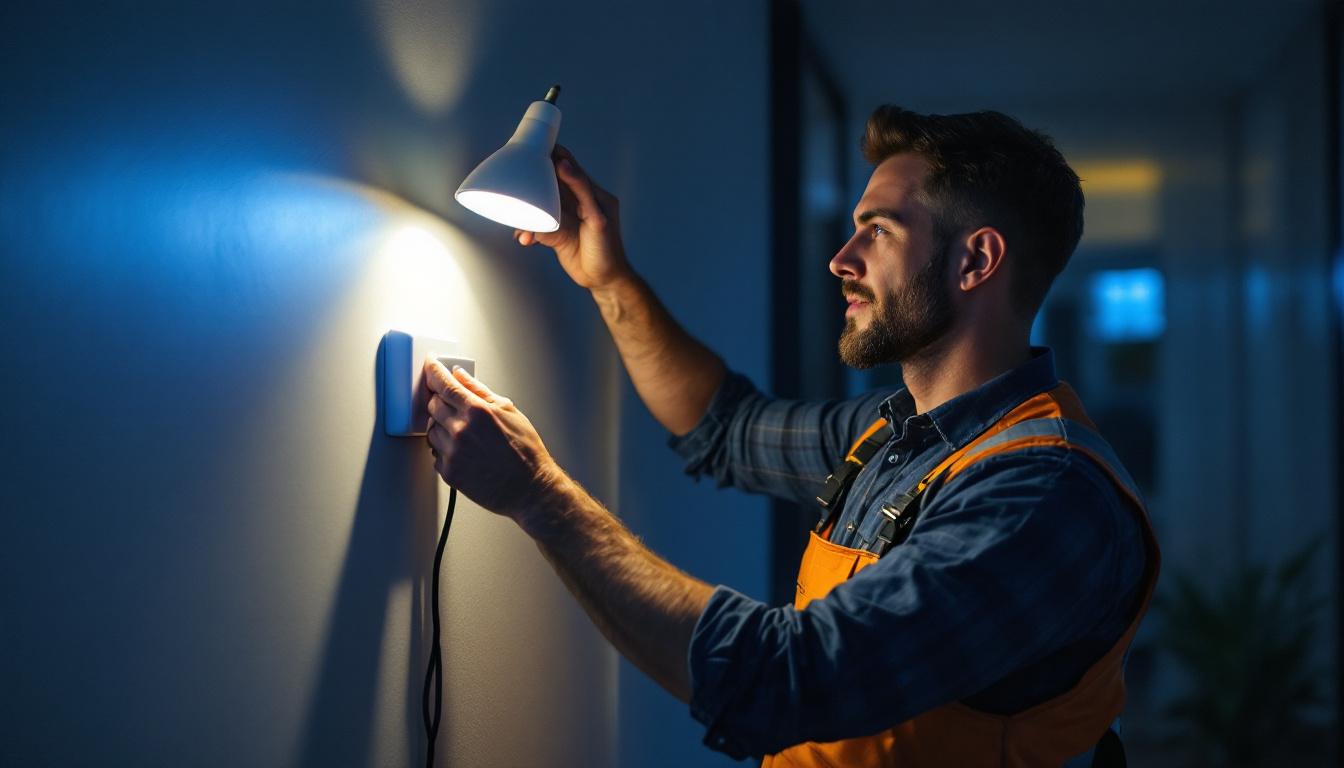 A photograph of a lighting contractor installing an led plug-in wall light in a modern interior setting