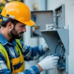 A photograph of a skilled lighting contractor inspecting an outdoor electrical box