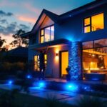 A photograph of a lighting contractor installing vibrant blue outdoor lights on a modern home exterior during twilight