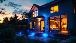 A photograph of a lighting contractor installing vibrant blue outdoor lights on a modern home exterior during twilight