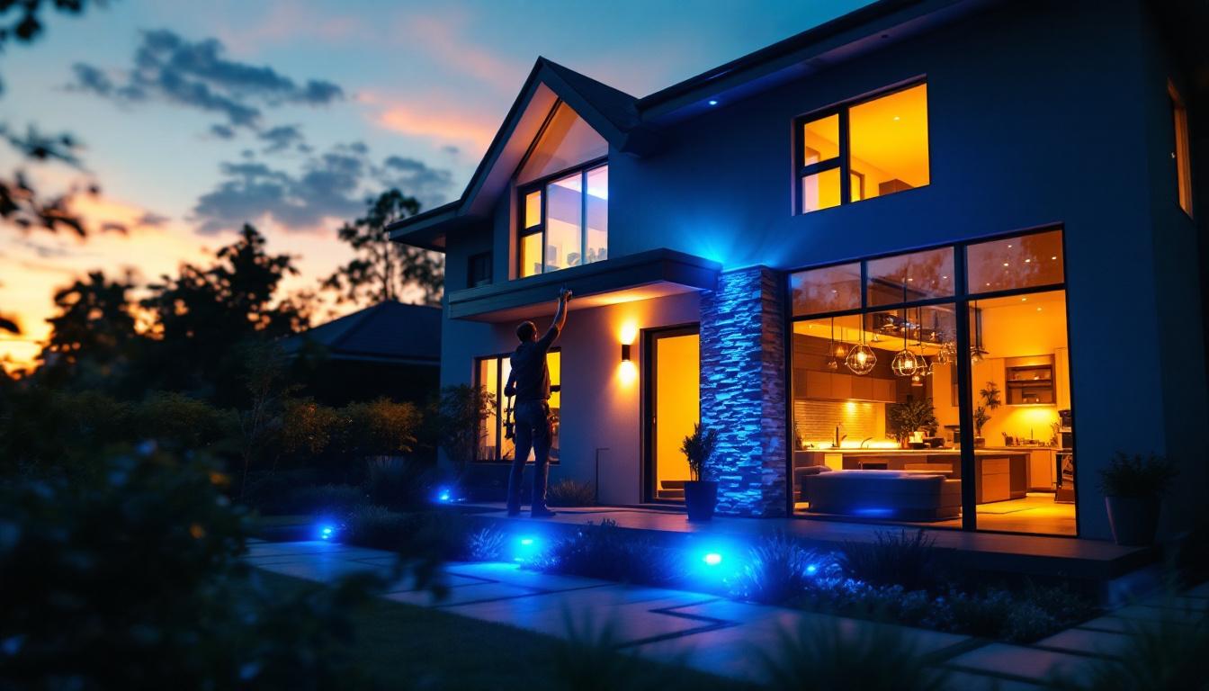 A photograph of a lighting contractor installing vibrant blue outdoor lights on a modern home exterior during twilight