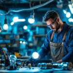 A photograph of a lighting contractor in action