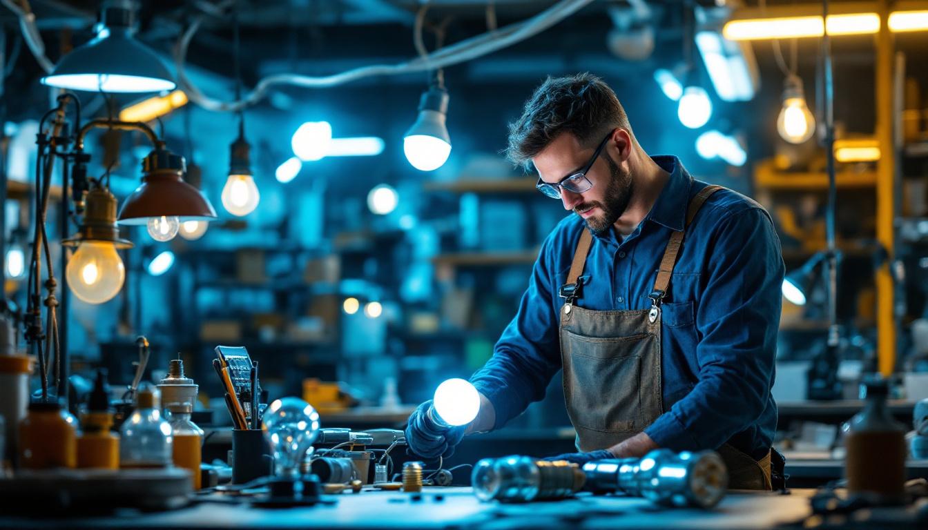 A photograph of a lighting contractor in action