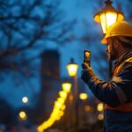 A photograph of a well-lit urban scene featuring a stylish lamp post