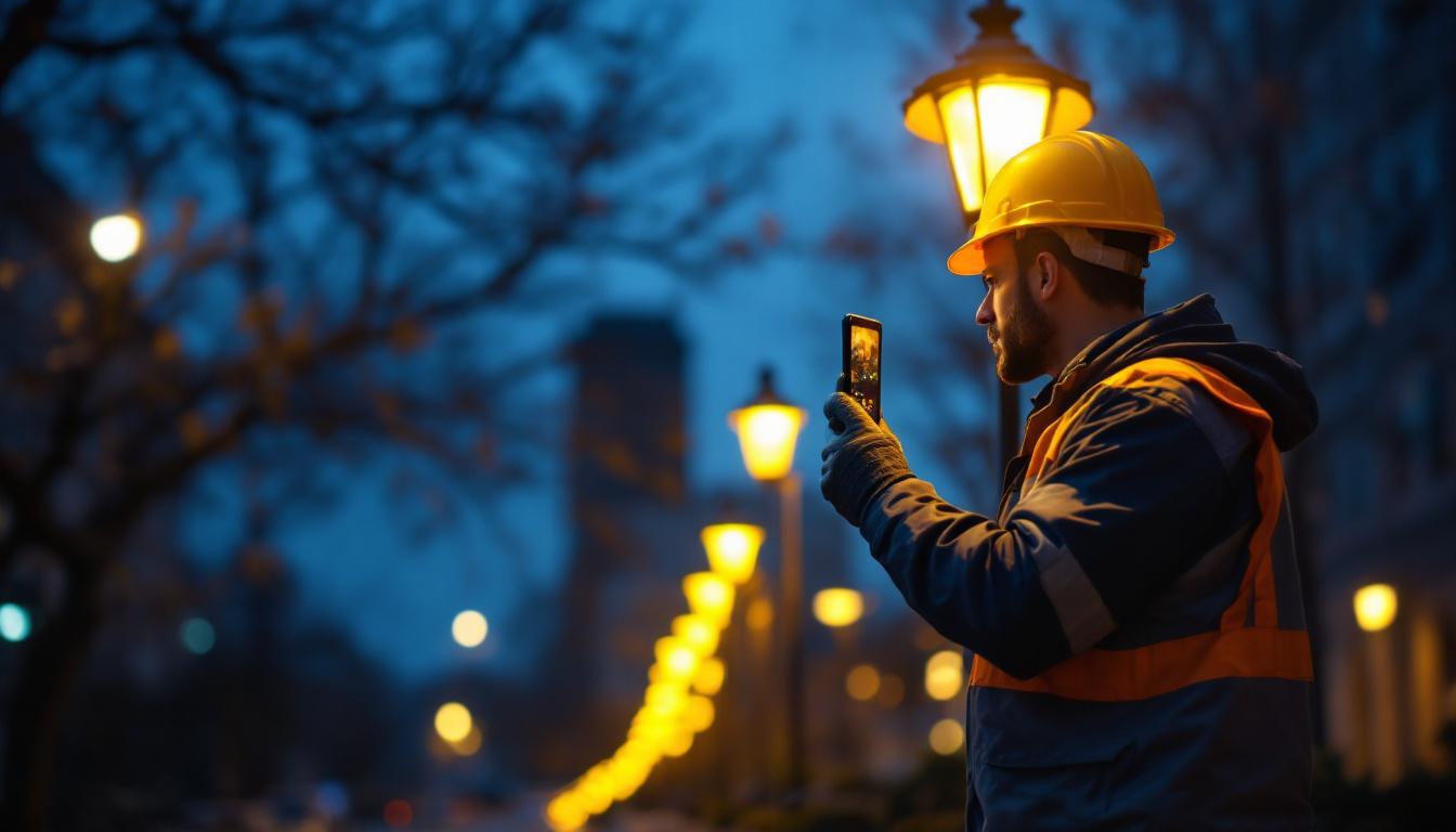 A photograph of a well-lit urban scene featuring a stylish lamp post