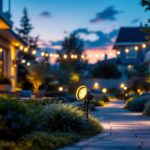 A photograph of a beautifully illuminated outdoor space featuring various styles of spot light bulbs in use