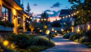 A photograph of a beautifully illuminated outdoor space featuring various styles of spot light bulbs in use