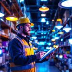 A photograph of a lighting contractor examining a variety of led lighting fixtures in a well-organized supply warehouse