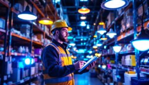 A photograph of a lighting contractor examining a variety of led lighting fixtures in a well-organized supply warehouse