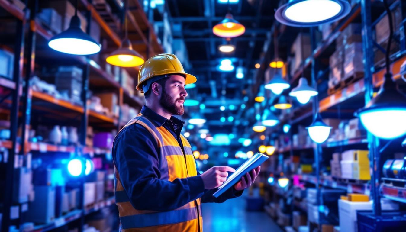 A photograph of a lighting contractor examining a variety of led lighting fixtures in a well-organized supply warehouse