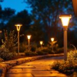 A photograph of a beautifully illuminated outdoor space featuring solar-powered led lights