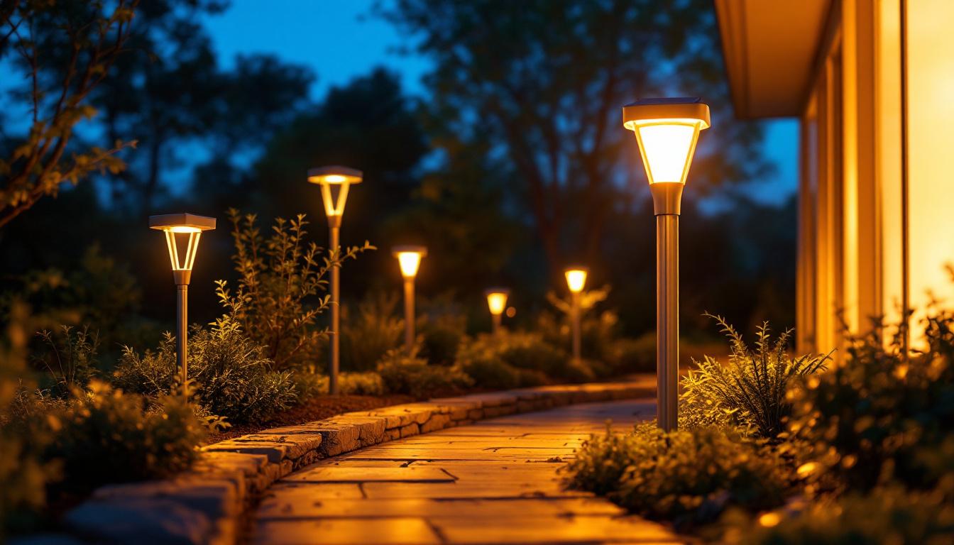 A photograph of a beautifully illuminated outdoor space featuring solar-powered led lights