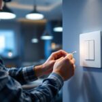 A photograph of a lighting contractor installing a sleek led dimming switch in a modern home setting