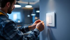 A photograph of a lighting contractor installing a sleek led dimming switch in a modern home setting