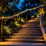 A photograph of a beautifully illuminated outdoor staircase featuring solar led lights