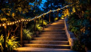 A photograph of a beautifully illuminated outdoor staircase featuring solar led lights