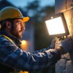 A photograph of capture a photograph of a lighting contractor installing or adjusting rab motion detector flood lights on a residential or commercial property