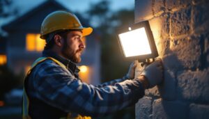 A photograph of capture a photograph of a lighting contractor installing or adjusting rab motion detector flood lights on a residential or commercial property