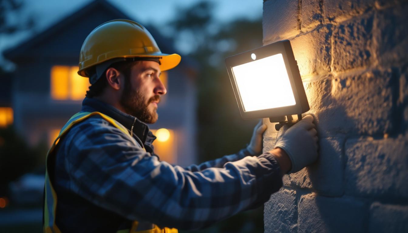 A photograph of capture a photograph of a lighting contractor installing or adjusting rab motion detector flood lights on a residential or commercial property