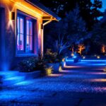 A photograph of a beautifully illuminated outdoor space showcasing vibrant color-changing led flood lights in action