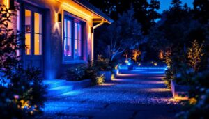 A photograph of a beautifully illuminated outdoor space showcasing vibrant color-changing led flood lights in action