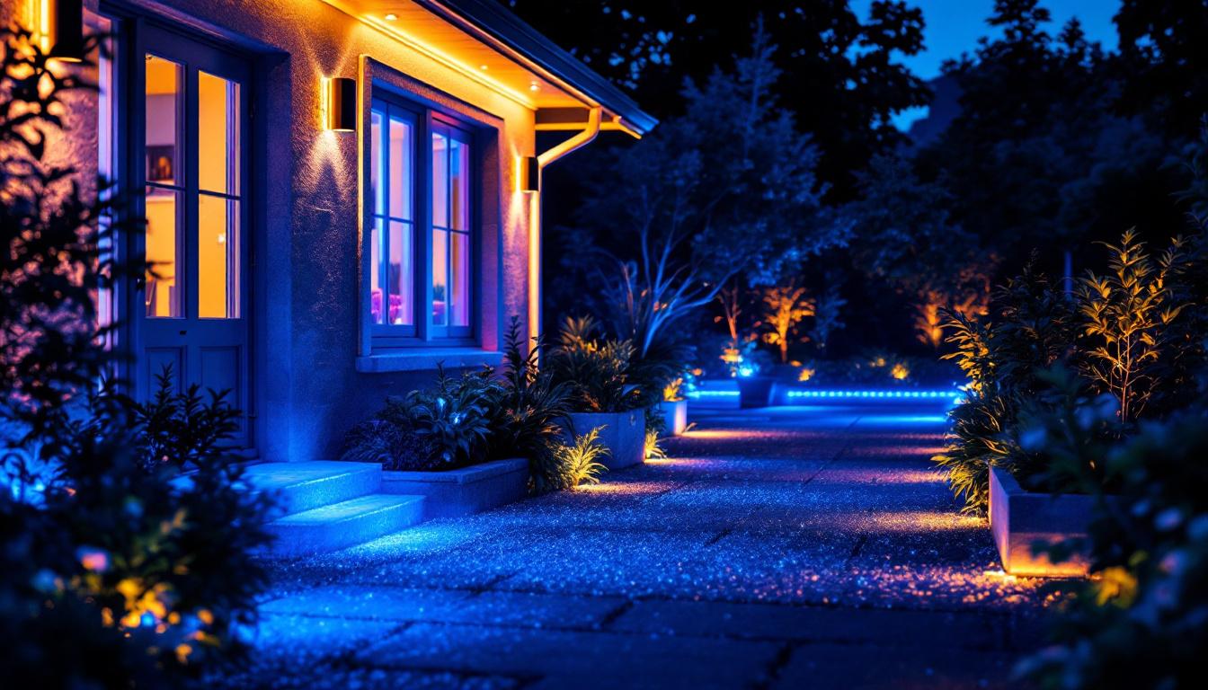 A photograph of a beautifully illuminated outdoor space showcasing vibrant color-changing led flood lights in action