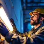 A photograph of a lighting contractor carefully inspecting a fluorescent lamp installation
