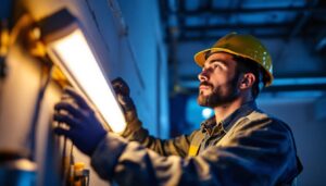 A photograph of a lighting contractor carefully inspecting a fluorescent lamp installation